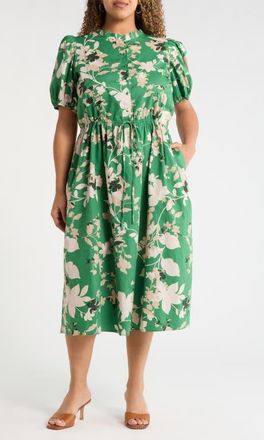 Sugarlips Nora Puff Sleeve Button Cotton Midi Dress in Multi-Green at Nordstrom, Size 3 X