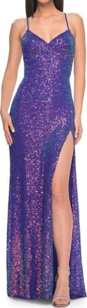 La Femme Beaded Sequin Dress With Slit In Indigo