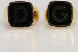 Dolce & Gabbana Mens Gold-Tone Real Brass Black Enamel Dg Adjustable Rings Gold