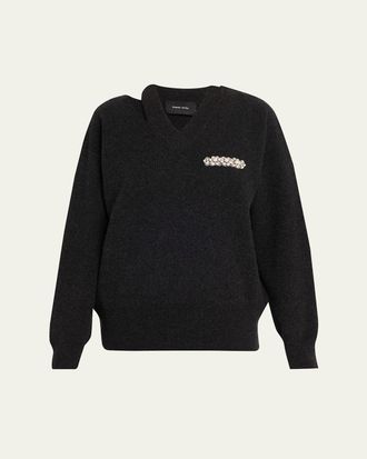 Simone Rocha Embellished Merino Wool Slash Cutout V-Neck Sweater