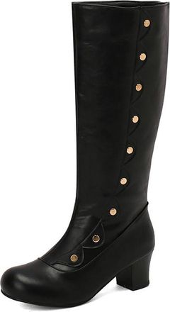 Generic Womens Vintage Victorian Knee High Riding Boots with Studded Decor Comfort Low Heel Round Toe Casual Winter Shoes (Black,5.5)