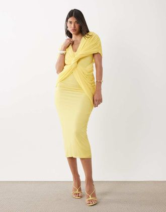 Asos Vestito lungo a mantella con scollo profondo incrociato color limone-Giallo