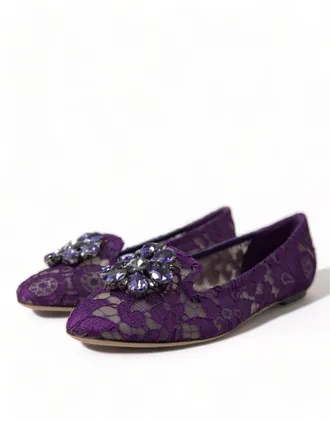 Dolce & Gabbana Womens Purple Vally Taormina Lace Crystals Flats Shoes Viscose Cotton Nylon