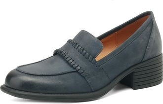 TinaCus Womens Genuine Leather Simple Round Toe Handmade Chunky Heel Comfortable Loafers Pumps Shoes, Blue, 2 UK