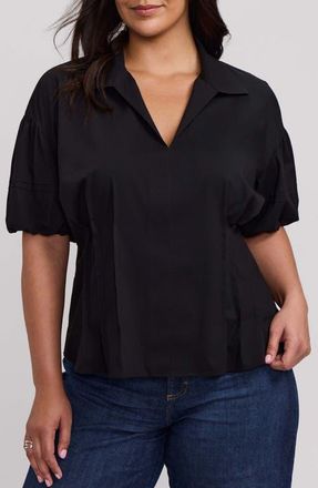 Foxcroft Lucia Puff Sleeve Popover Shirt in Black at Nordstrom, Size 3X
