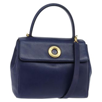 Celine Circle Logo Handbag Leather Blue Leather Handbag (Pre-Owned)