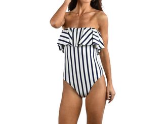 Milly Stripe Ruffle Top One Piece In Ivory/navy