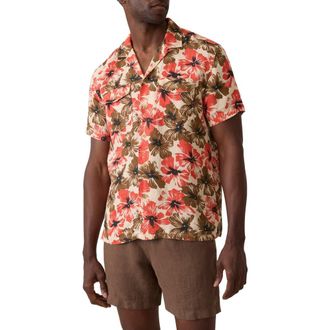 Faherty Reserve Basque Houndstooth Linen Camp Shirt in Wildwood Poppy at Nordstrom Rack, Size Xx-Large