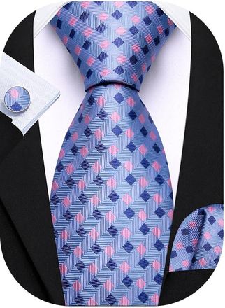 Barry.Wang Blue Pink Tie Mens Silk Plaid Necktie Pocket Square Cufflinks Sets Formal Wedding