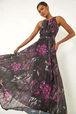 Roman Floral Pleated Halter Neck Maxi Dress