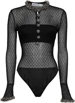 Self Portrait Bodysuit met opengewerkt breisel en verfraaide rand - Dames - Tops - Zwart - Maat: S Leer