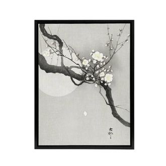 Artery8 Plum Blossom & Full Moon Framed Canvas Wall Art Print Ohara Koson in Grey | Size: W24 x H32