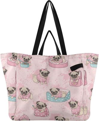 Generic Pug Dog Pink pattern Reusable Canvas Tote Bag, Heavy Duty Grocery Shopping Bag with Hard Bottom Large Capacity Double Handles Work Groceries Travel