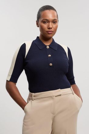 Karen Millen Womens Plus Size Rib Knit Military Colour Block Short Sleeve Top - Navy polyamide - Size X-Large