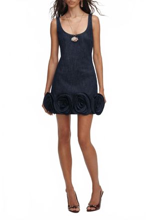 Self Portrait Denim 3D Flower Mini Dress In Navy