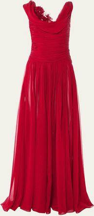 Carolina Herrera Flower Draped Off-The-Shoulder Silk Chiffon Gown