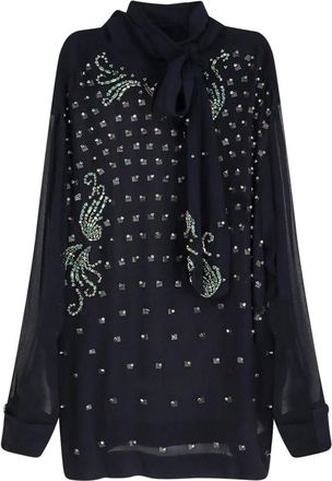 Dries Van Noten Blauwe Strik Strass Overhemd - Dames - Blouses - Blauw - M - Overhemden