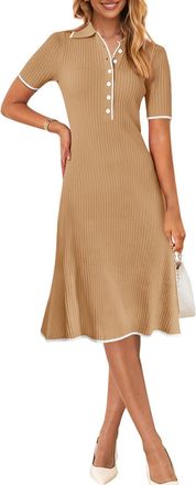Merokeety Womens V Neck Ribbed Knit Midi Dress Short Sleeve Button Elegant Bodycon Sweater Dresses, Camel, L