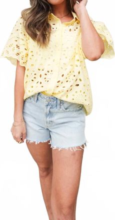 FORE COLLECTION Eyelet Button-Down Top In Yellow