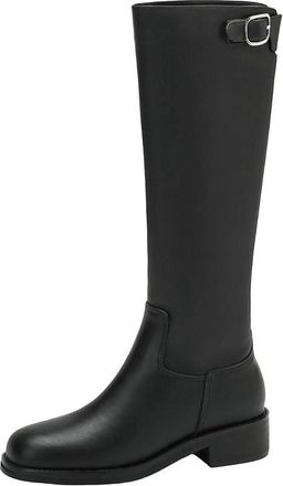 Generic Womens Cow Leather Round Toe Medium Heels Long Riding Boots Warm Winter Belt Buckle Knee-High Boots