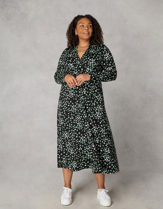 Live Unlimited London Womens Green Ditsy Shawl Collar Midi Dress - Multi - Size: 12
