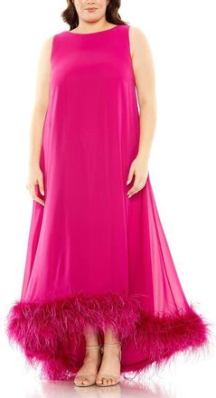 Mac Duggal High Neck Feather Hem Gown in Fuchsia at Nordstrom, Size 18W