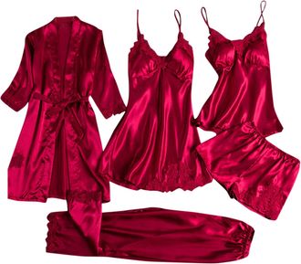Generic Womens Pyjamas Set 5PC Lace Satin Robe and Pajama Set Ladies Sleepwear Girls Nightwear Satin Pyjamas Dressing Robe Gown Nightdress Comfort Homewear Lo