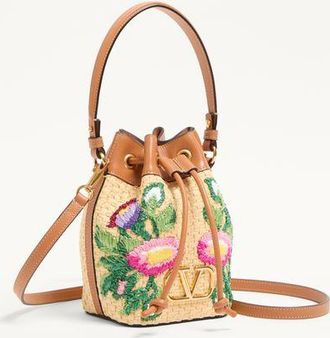 Valentino Garavani Mini Borsa A Secchiello Vlogo Signature In Rafia Con Ricamo Floreale Donna MULTICOLOR/CAMMELLO UNI