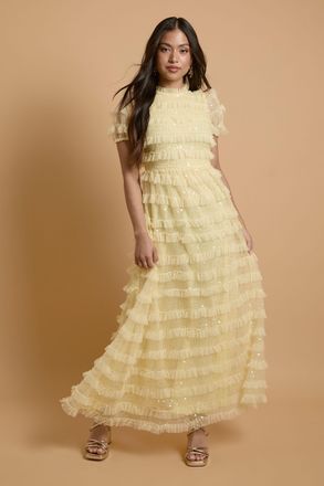 Oasis Womens Petite Tiered Mesh Sequin Occasion Maxi Dress - Yellow - Size 16 UK