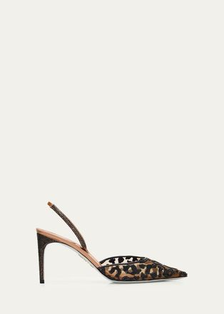 Rene Caovilla 80mm Leopard Embellished Mesh Slingback Pumps