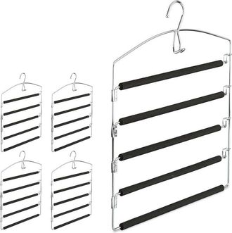 Relaxdays Set De Cinco Perchas M&uacute;ltiples, Colgadores Para Pantalones, Metal, Acolchado, Plateado Y Negro, 44,5 X 37 X 2,7 Cm