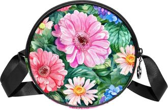 Generic Circle Crossbody Bag for Women, Watercolor Flowers Small Sling Bag Daypack with Zipper Adjustable Shoulder Straps Casual Ladies Girls Round Purse
