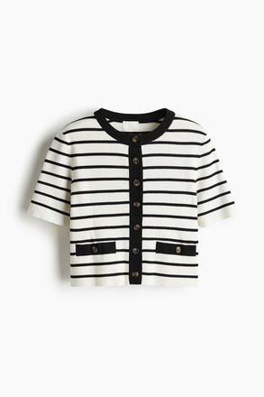 H&M Kurzer Cardigan in Rippstrick - Weiss/Schwarz Gestreift