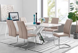 Furniturebox Atlanta Modern Rectangle Chrome Metal High Gloss White Dining Table & 6 Lorenzo Chairs Set in Beige