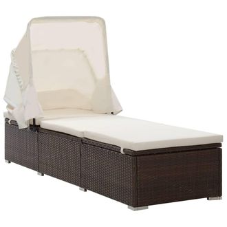 Berkfield Home Sun Lounger with Canopy & Cushion Poly Rattan Brown