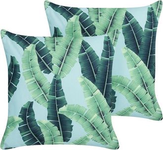 Beliani Conjunto De 2 Cojines De Jard&iacute;n Almohada De Exterior 45 X 45 Cm Poli&eacute;ster Motivo Hojas Verde Boissano