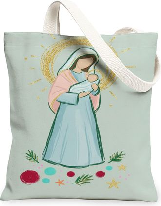Generic Vintage Nativity Canvas Tote Bags, Artistic Religious Design Lightweight Washable Shoulder Strap Reusable Grocery Bags for, Light Green, 13x15 Inch