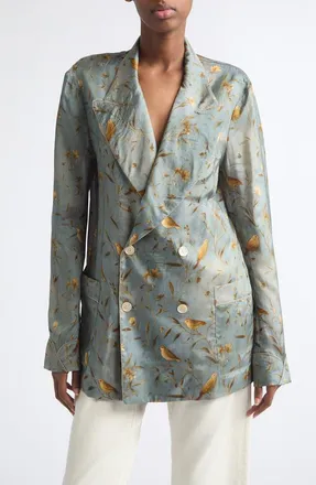 R13 Ragged Oversize Doubled Breasted Satin Blazer in Gold Bird On Blue at Nordstrom, Size X-Small