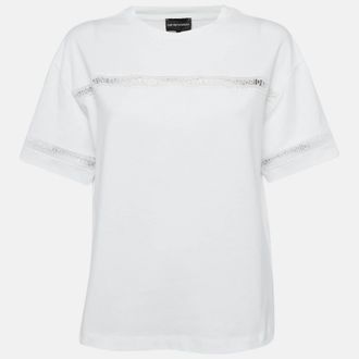 Emporio Armani White Cotton Logo Lace Trimmed T-Shirt