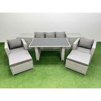 Fimous Patio Garden Furniture Sets with Black Glass Top Dining Table Armchair 3 Seater Sofa 2 Side Tables 2 Big Stool Light Grey - Fimous