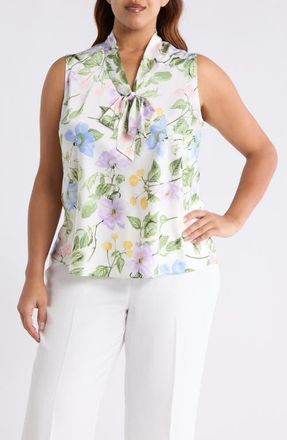 Kasper Sleeveless Matte Satin Top in Lily White Multi at Nordstrom, Size 1X