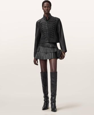 AllSaints Leather Nara Leather Pleated Mini Skirt, Size: UK 14/US 10