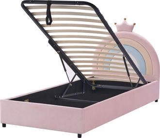 Beliani Letto Moderno In Velluto Ue 90 X 200 Cm Imbottito Per Bambini Con Rete A Doghe Rosa Con Contenitore Grisetot