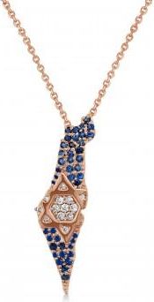 Allurez Diamond & Blue Sapphire Jewish Star Israel Map Pendant Necklace 14K Rose Gold (0.49ct)