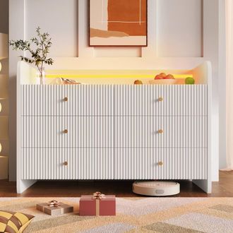 Merax White Fluted Chest of Drawers Sideboard with LED 75x 120 x 40 cm
