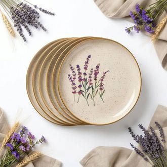 OEM Juego De 6 Platos Llanos De 24 Cm, Cer&aacute;mica Con Estampado De Flores Silvestres Y Lavanda
