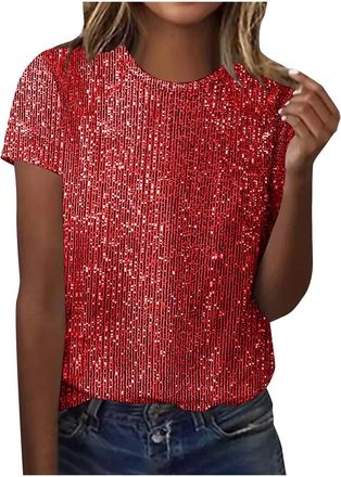 Generic Sequin Top for Women UK Sparkly Glitter Blouse Shiny Party Night Club Tunic Tops Elegant Short Sleeve Crew Neck Dressy Tee Ladies Baggy Loose T Shirt 