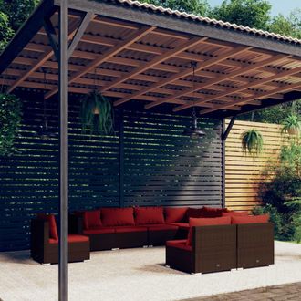 vidaXL Set Muebles De Jard&iacute;n 9 Piezas Y Cojines Rat&aacute;n Sint&eacute;tico Marr&oacute;n Vidaxl