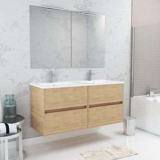 Aurlane Aurlane - Mueble de Baño 120cm Roble Claro 4 Cajones, Lavabo, 2 Espejos 60x80 con Apliques Led