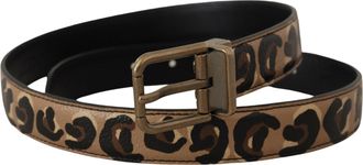 Dolce & Gabbana Womens Brown Leather Leopard Print Bronze Metal Buckle Belt